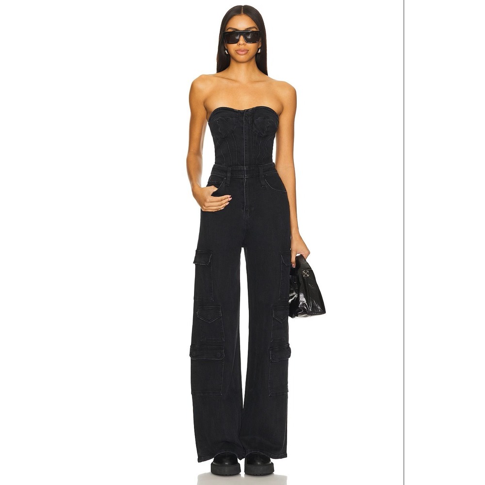 Hudson Bustier Cargo Jumpsuit Women 27 Riviera Noir Black Wide Leg Denim Revolve